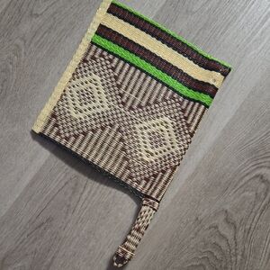 Handwoven Straw Fan with Green Accent